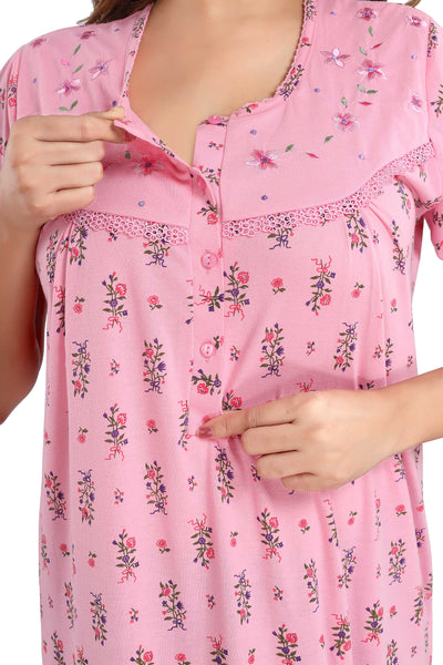 Pink Cotton Blend Designer Nighty