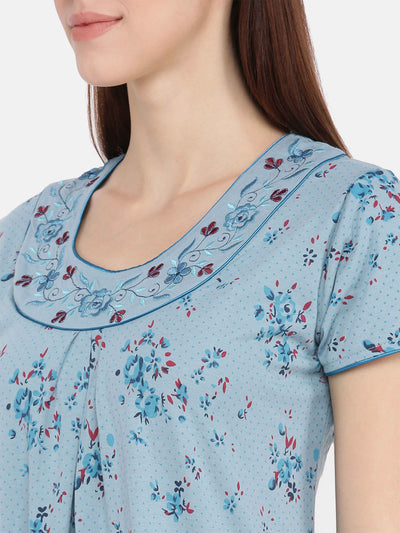 Blue Cotton Blend Designer Nighty 