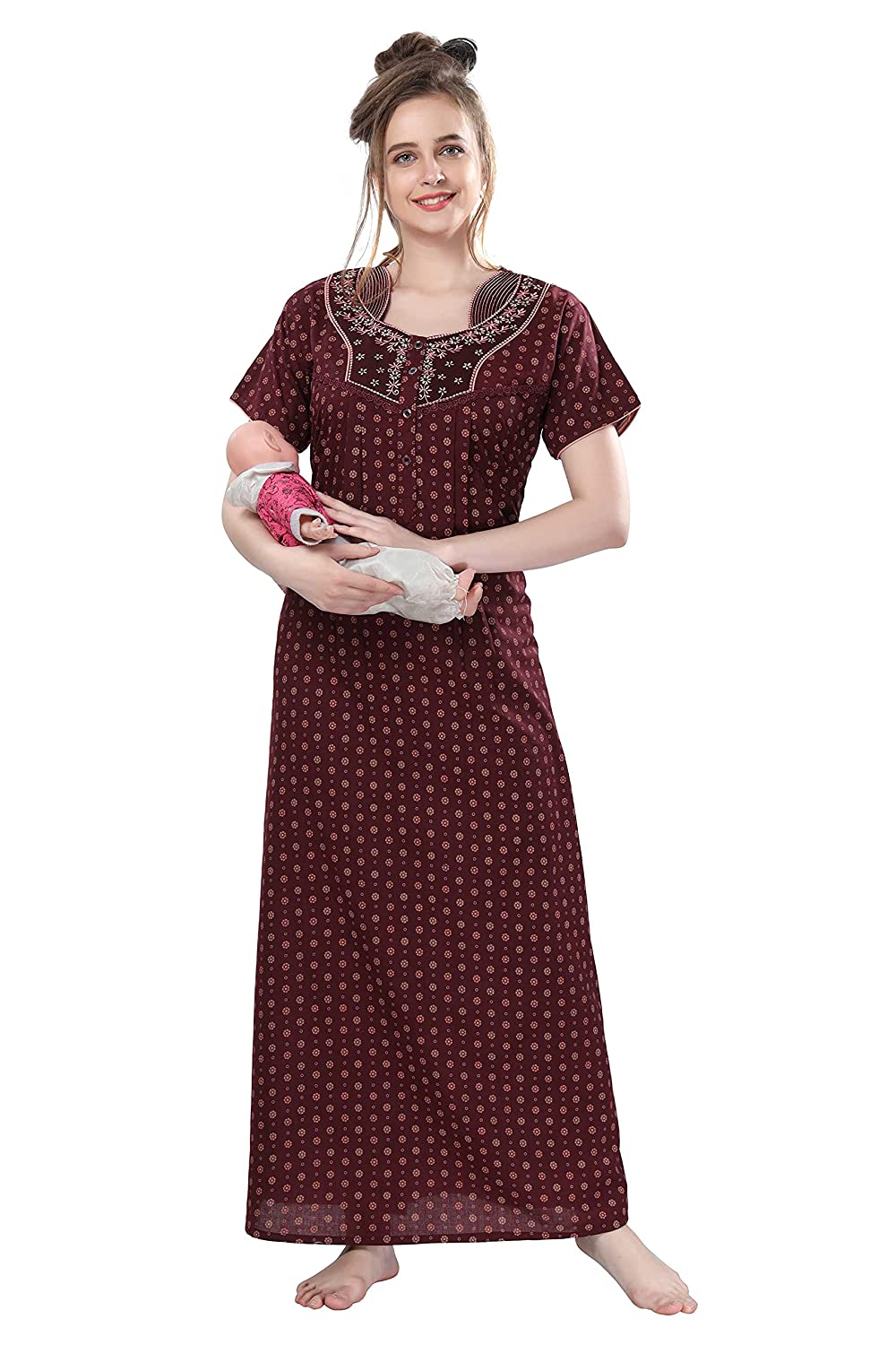 Maroon Cotton Designer Nighty
