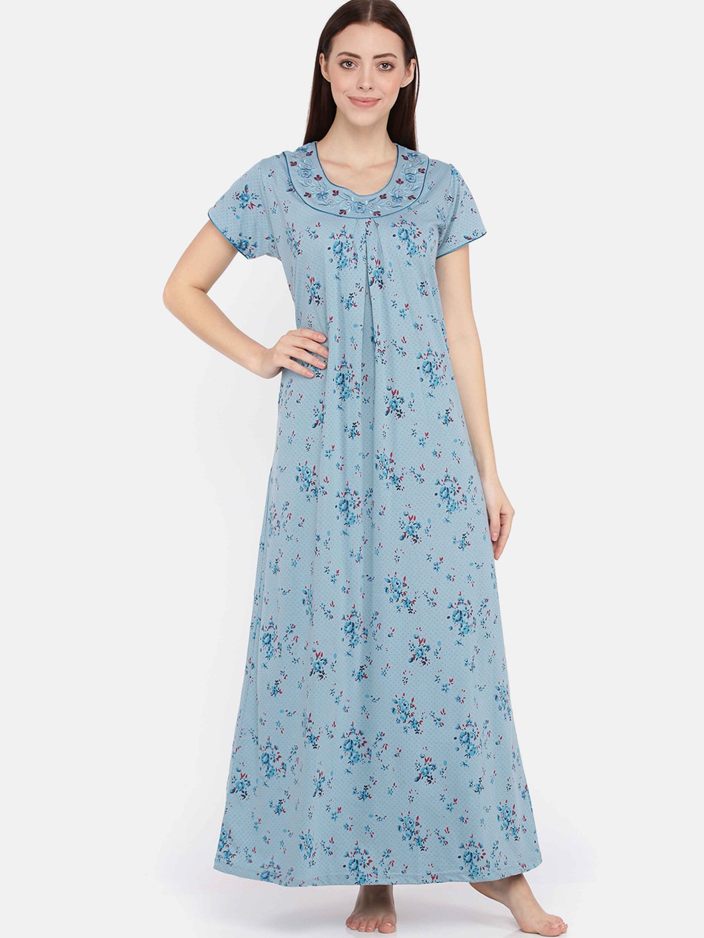 Blue Cotton Blend Designer Nighty 
