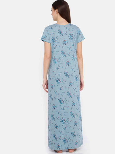Blue Cotton Blend Designer Nighty 