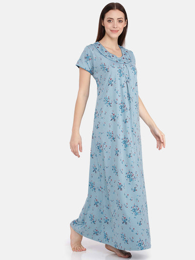 Blue Cotton Blend Designer Nighty 