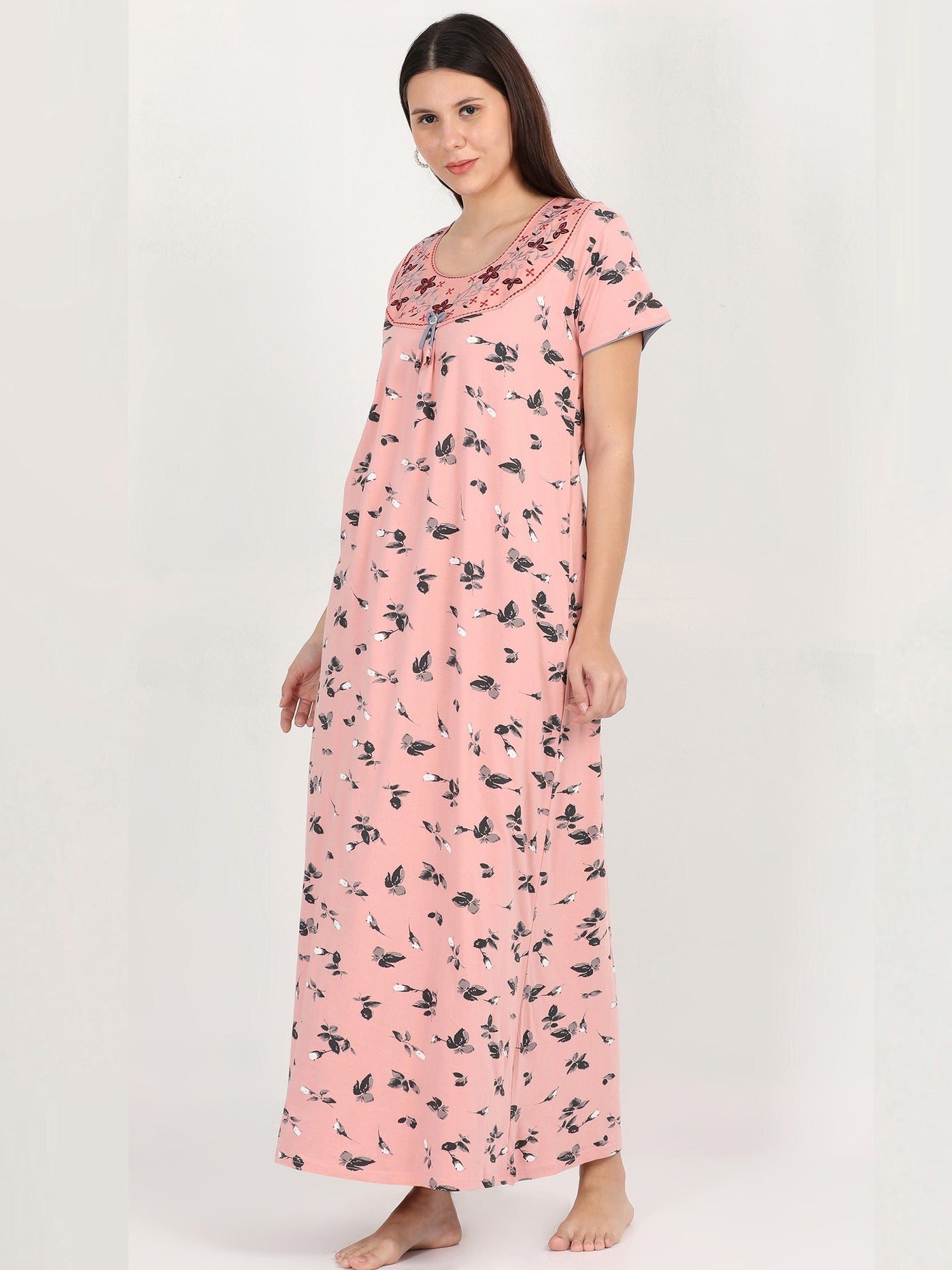 Flower Pink Cotton Blend Designer Nighty