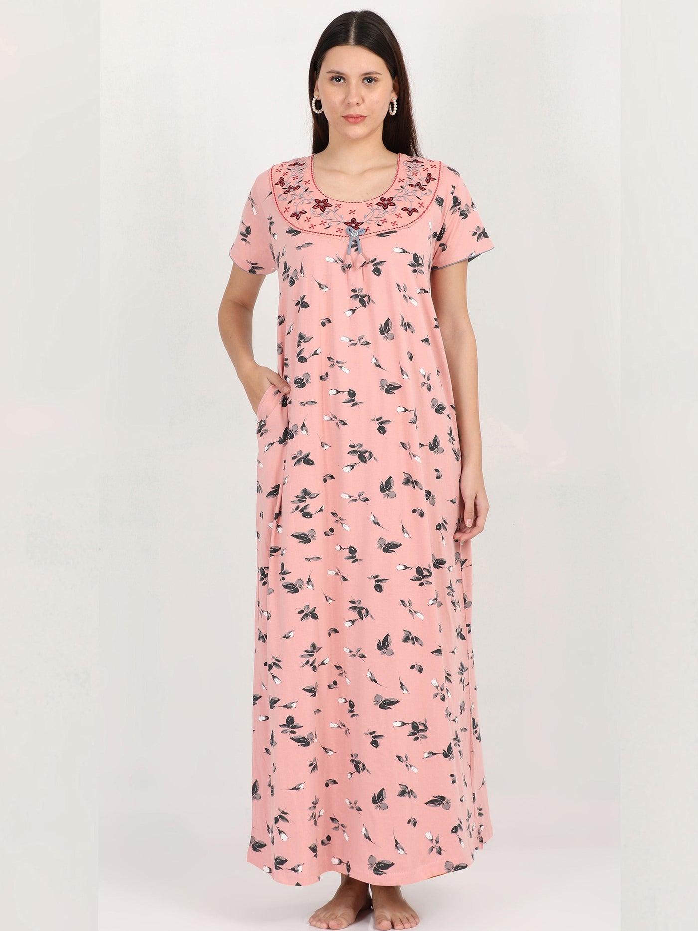 Flower Pink Cotton Blend Designer Nighty