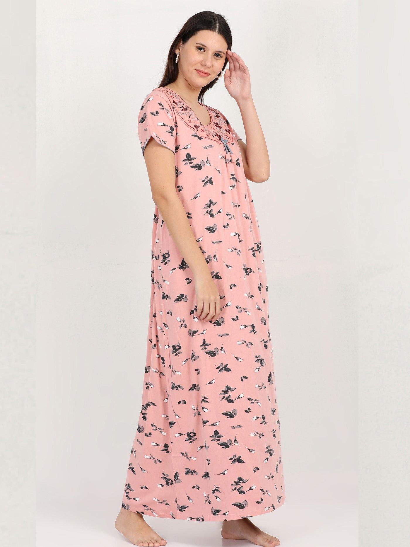 Flower Pink Cotton Blend Designer Nighty