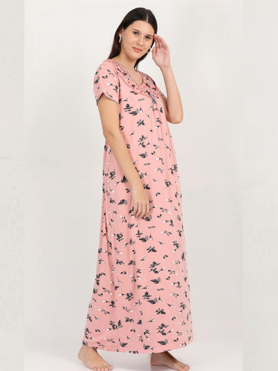 Flower Pink Cotton Blend Designer Nighty