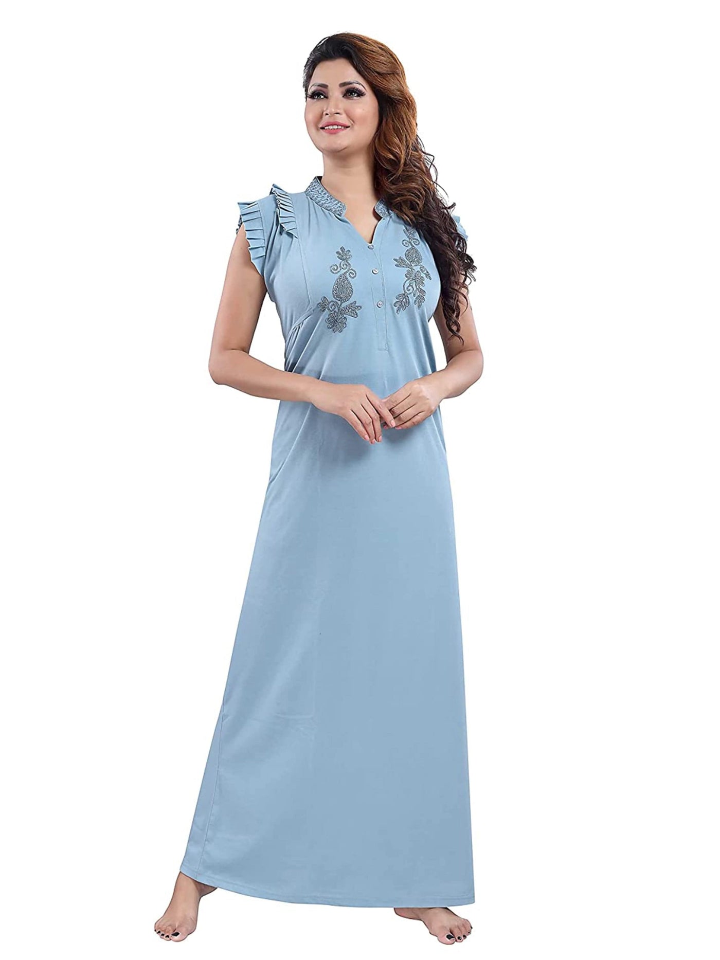 Steel Blue Cotton Blend Designer Nighty