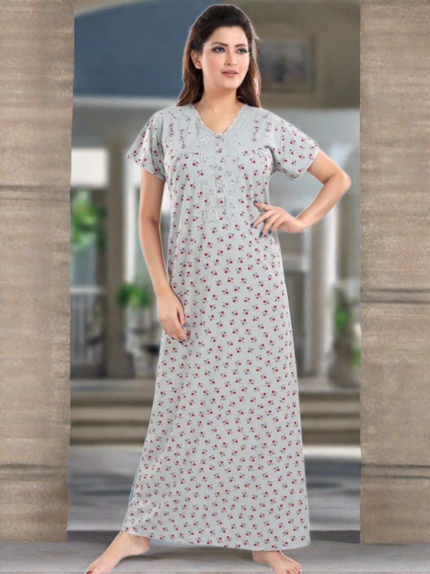 Grey Cotton Blend Designer Nighty