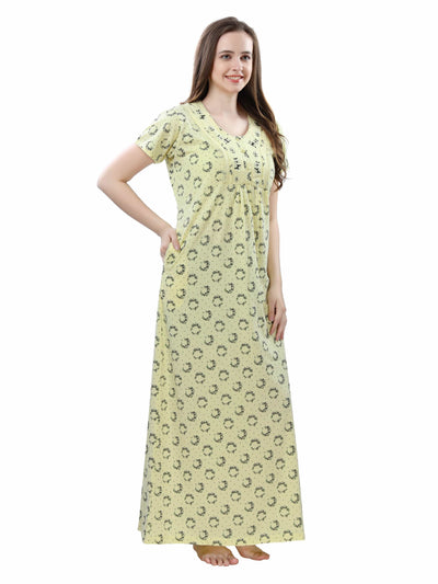Yellow Cotton Blend Designer Nighty 