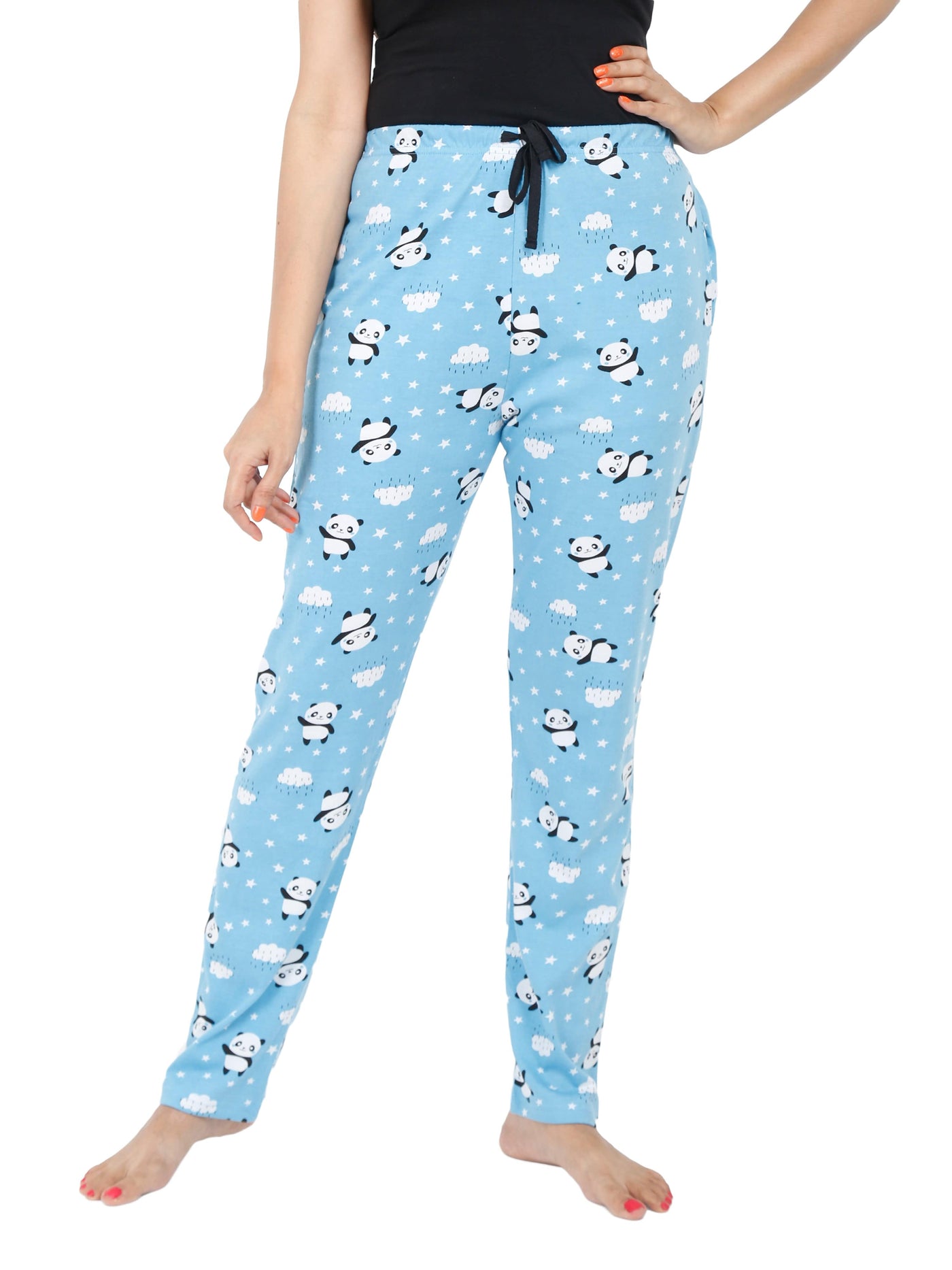 A fair coloured Female Model wearing Blue Printed Hosiery Cotton Pyjama Lower Night Pants with Pockets