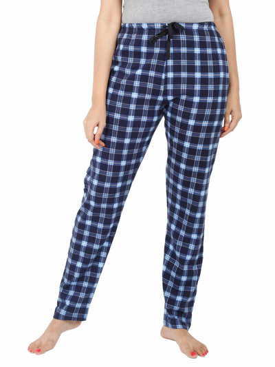A fair coloured Female Model wearing Blue Checks Hosiery Printed Cotton Pyjama Lower Night Pants with Pockets