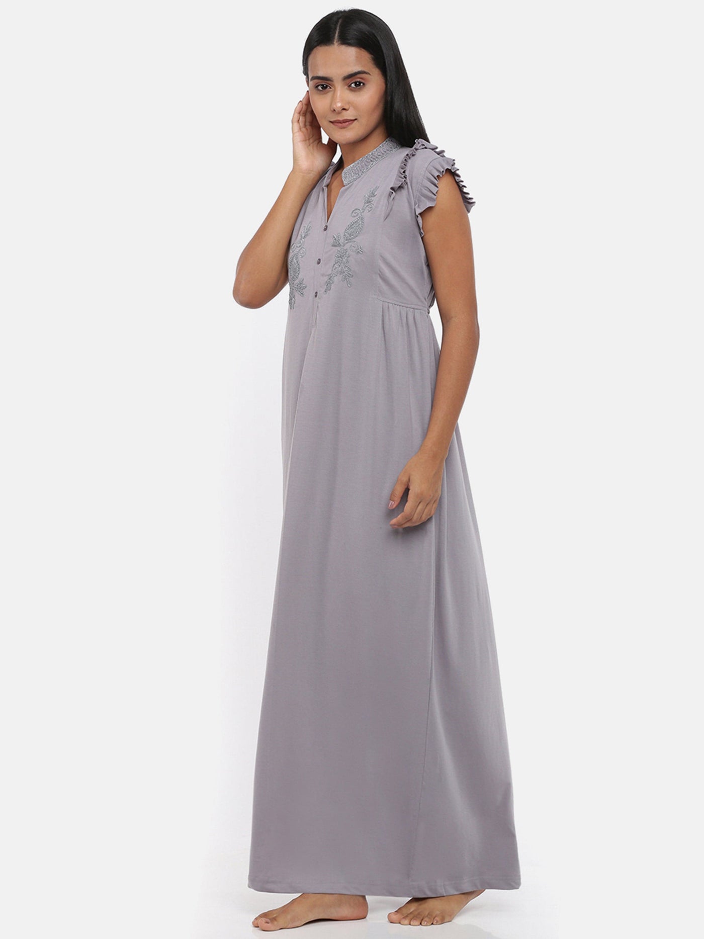 Silver Cotton Blend Designer Nighty