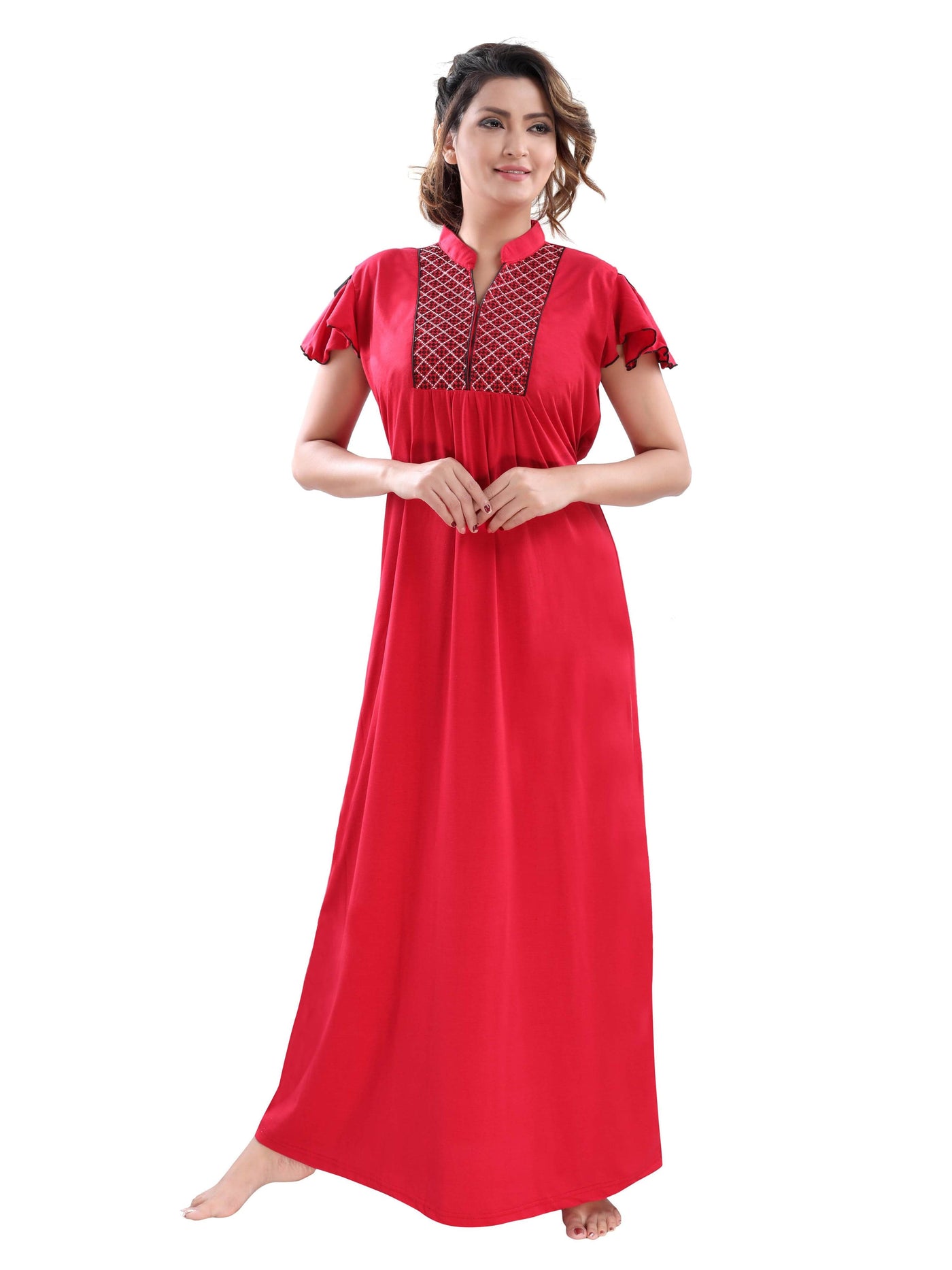 Red Cotton Blend Designer Nighty 