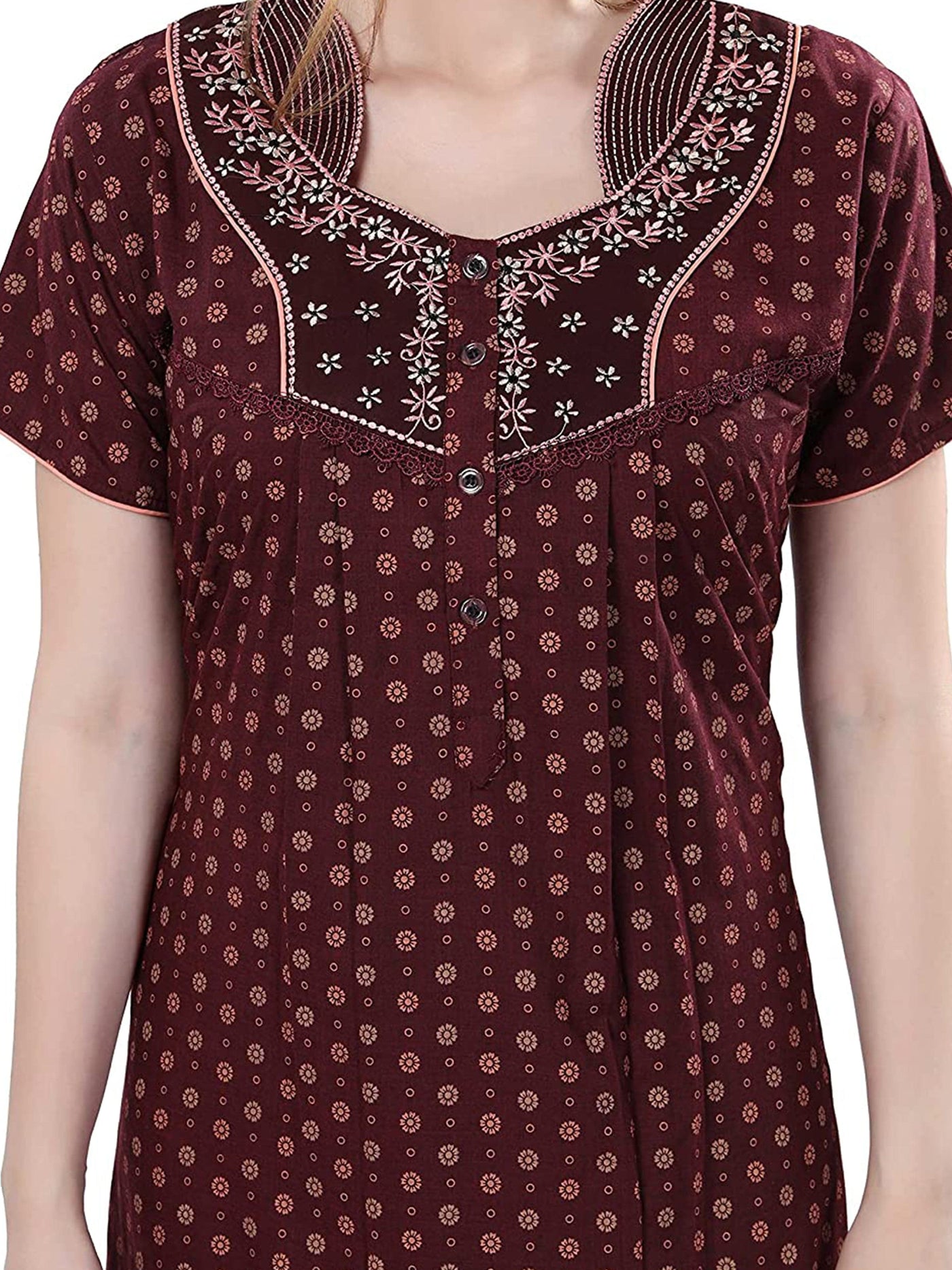 Maroon Cotton Designer Nighty