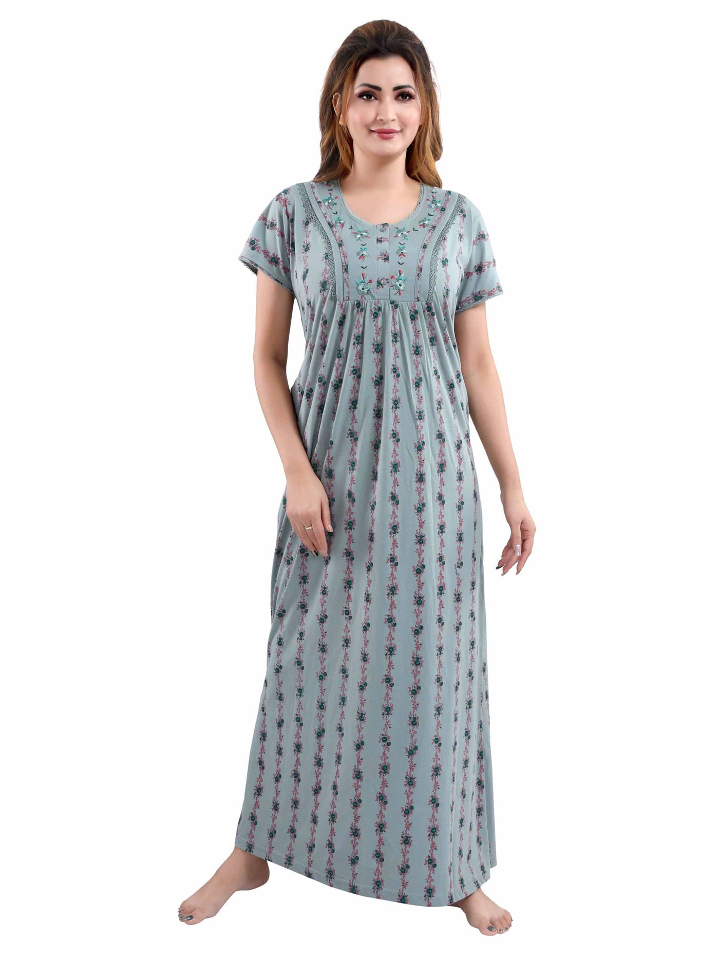 Cotton Blend Designer Nighty | Grey Green