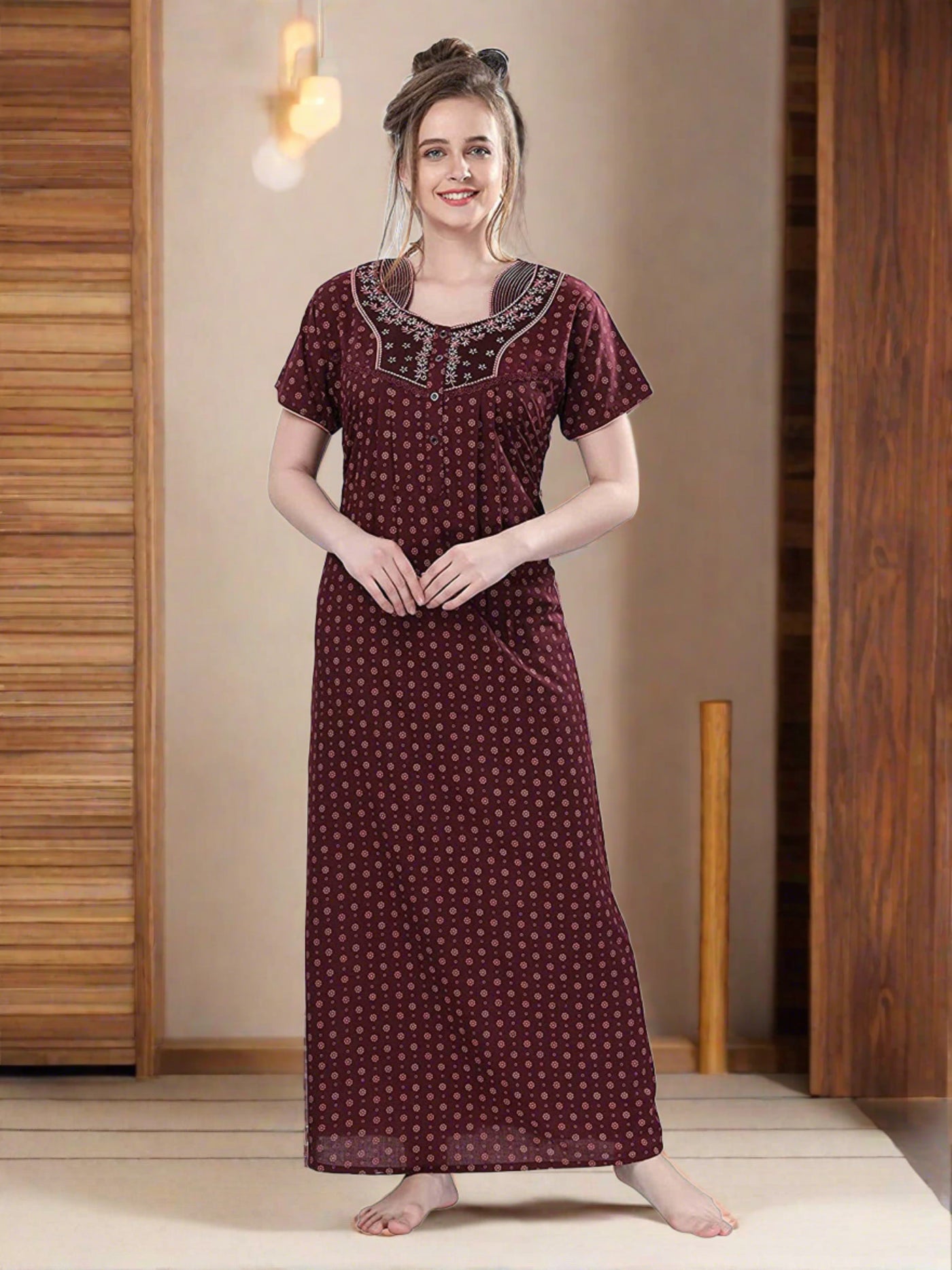  Maroon Cotton Designer Nighty 