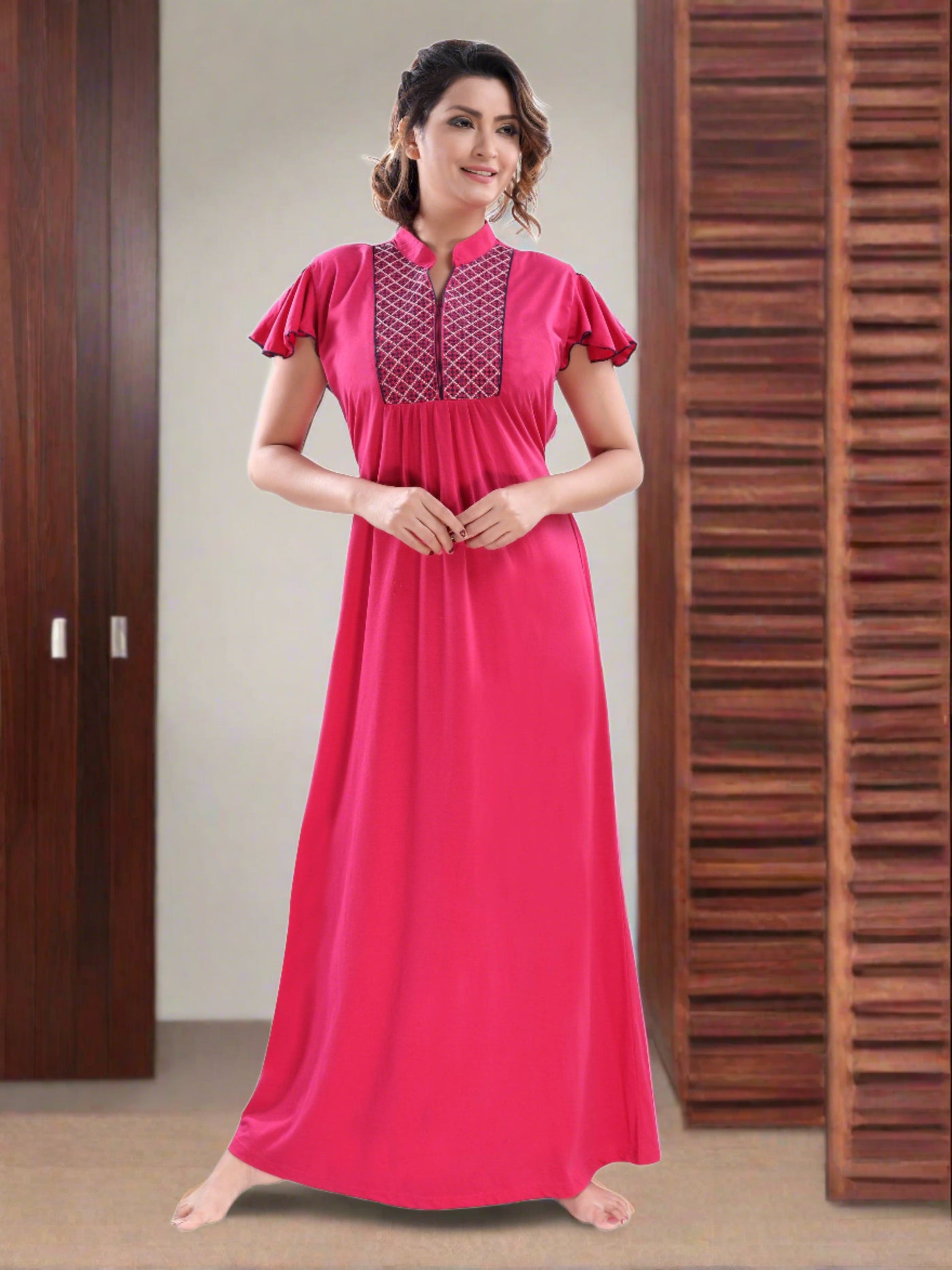 Pink Cotton Blend Designer Nighty