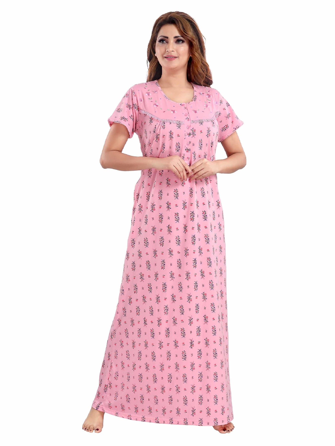 Pink Cotton Blend Designer Nighty