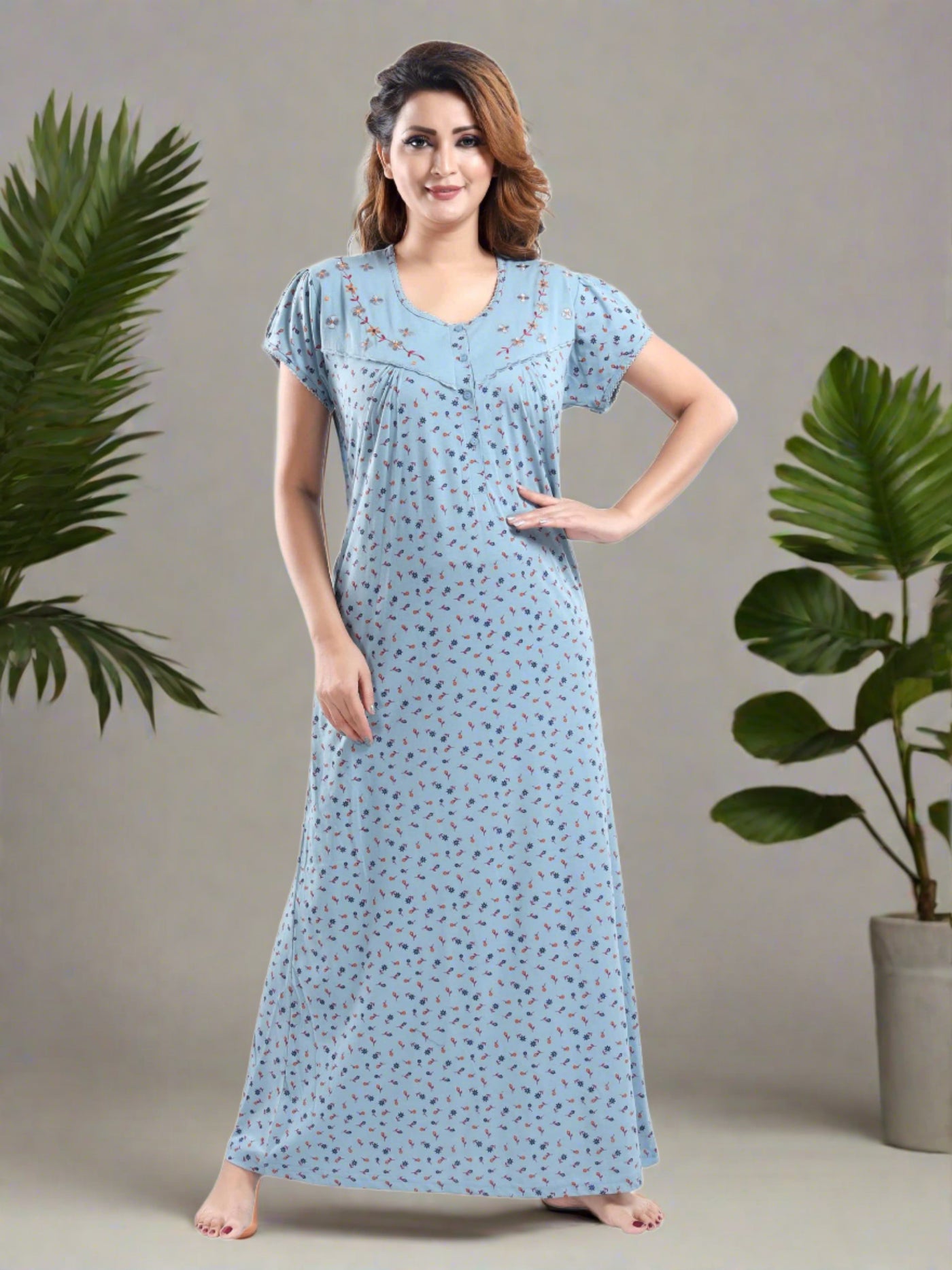Steel Blue Cotton Blend Designer Nighty