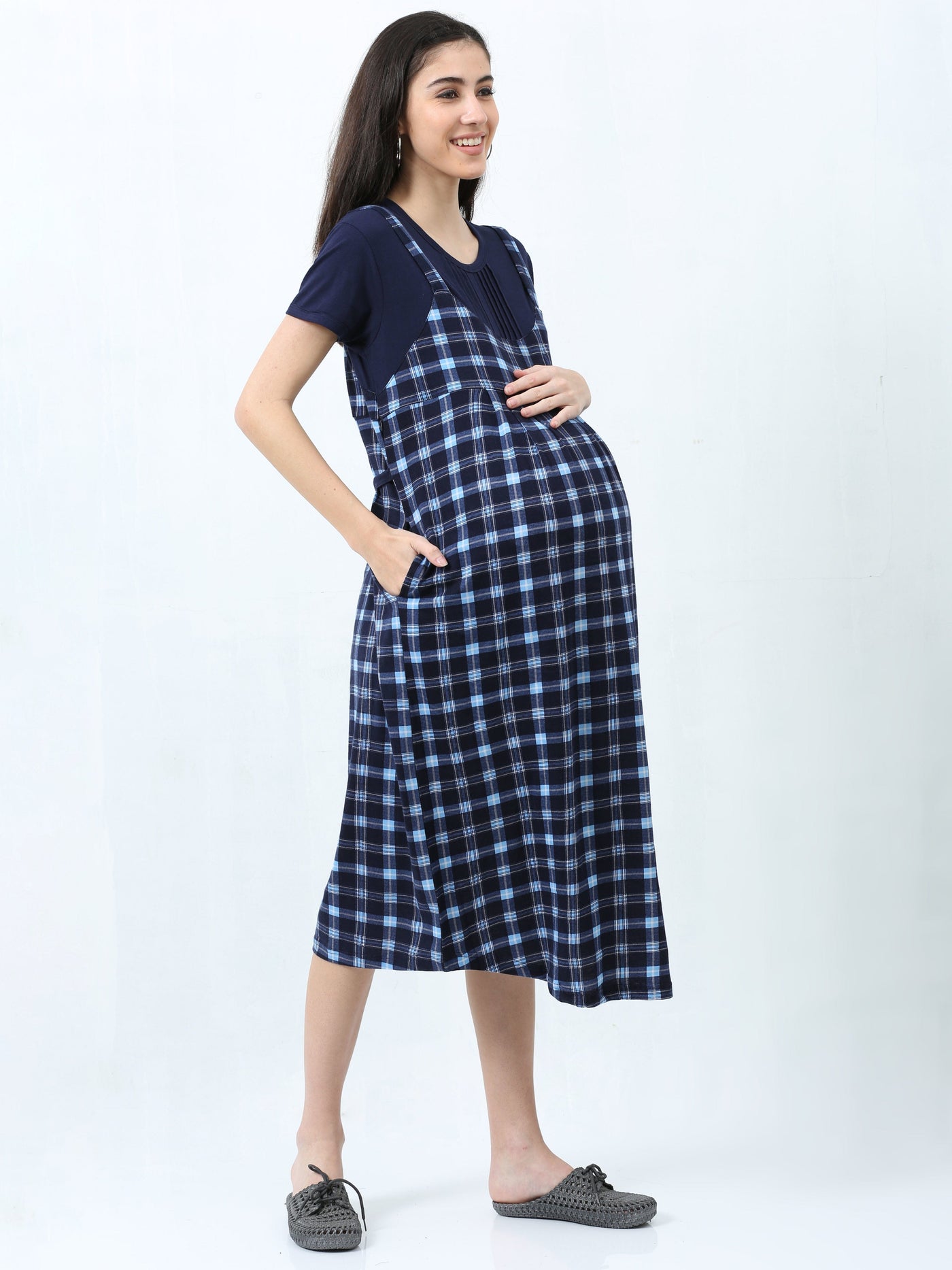 Blue Checks Hosiery Cotton Designer Nighty
