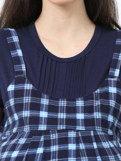 Blue Checks Hosiery Cotton Designer Nighty