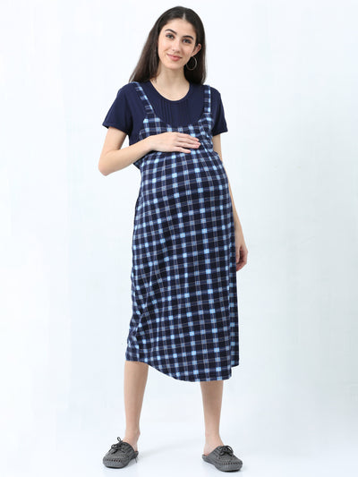 Blue Checks Hosiery Cotton Designer Nighty