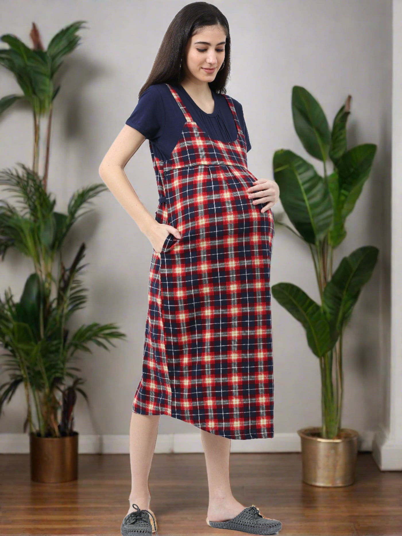 Hosiery Cotton Maternity Nighty Red & Yellow