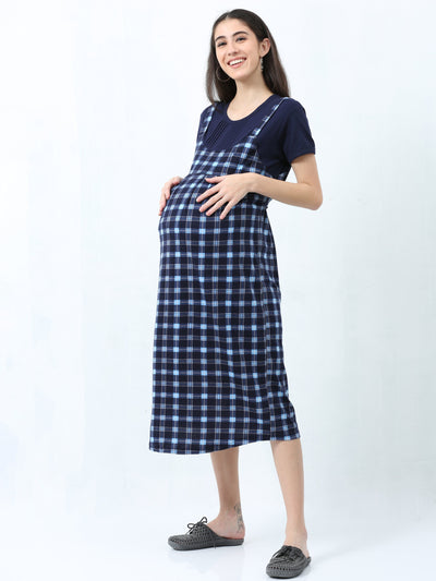Blue Checks Hosiery Cotton Designer Nighty