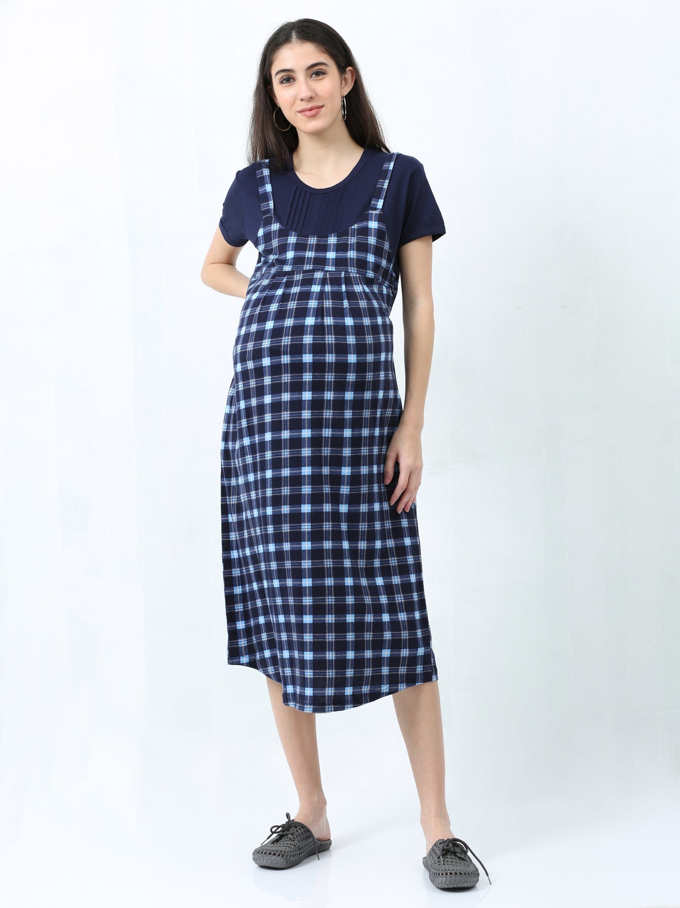 Blue Checks Hosiery Cotton Designer Nighty