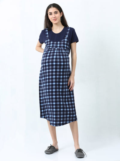 Blue Checks Hosiery Cotton Designer Nighty