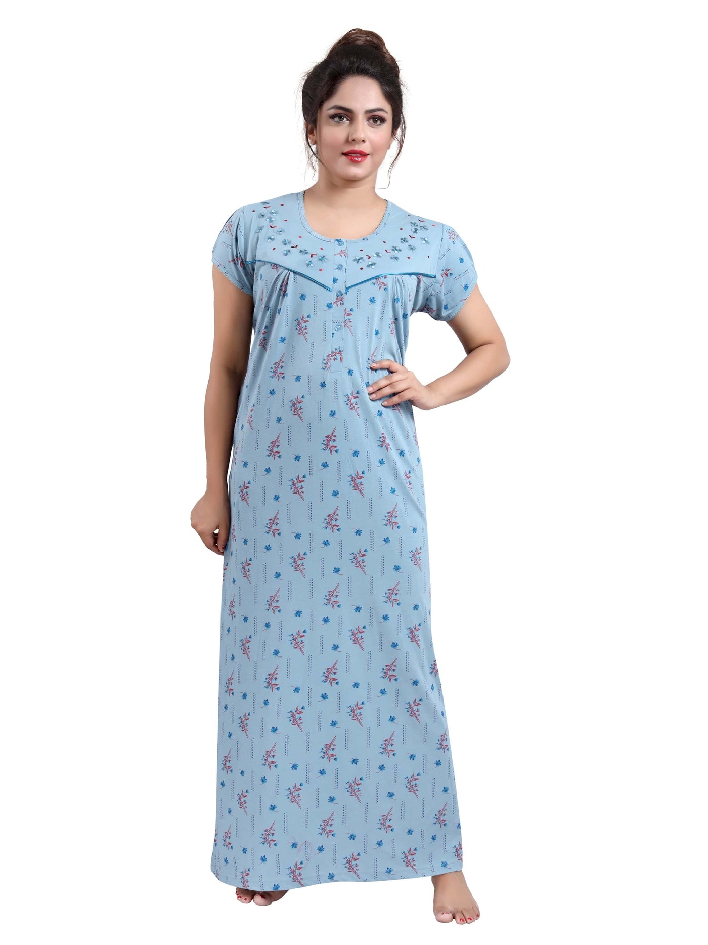 Pale Blue Cotton Blend Designer Nighty 
