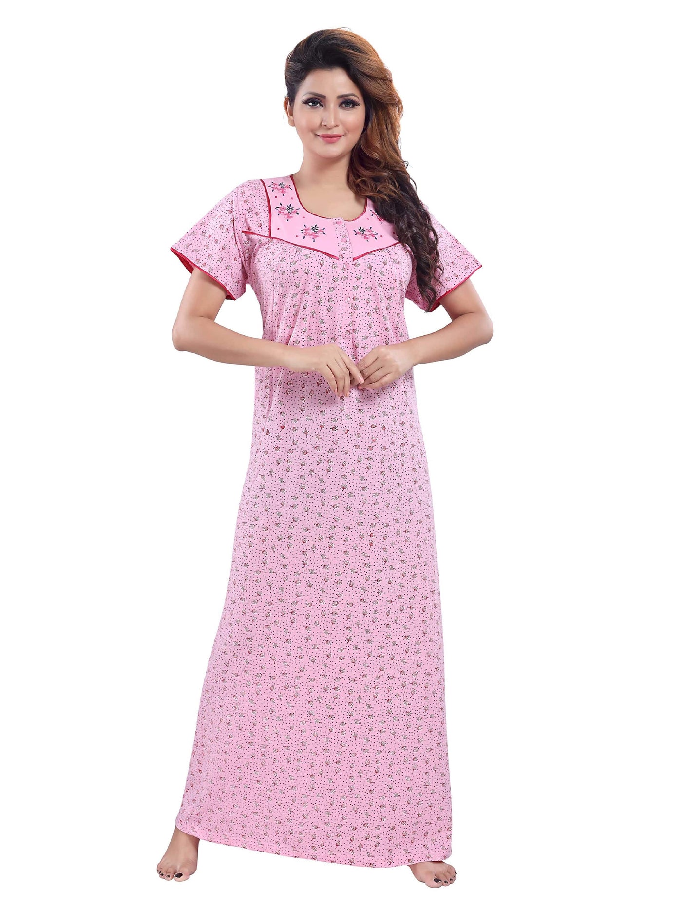 Pink Cotton Blend Designer Nighty