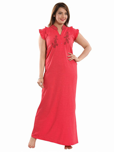 Red Cotton Blend Designer Nighty 